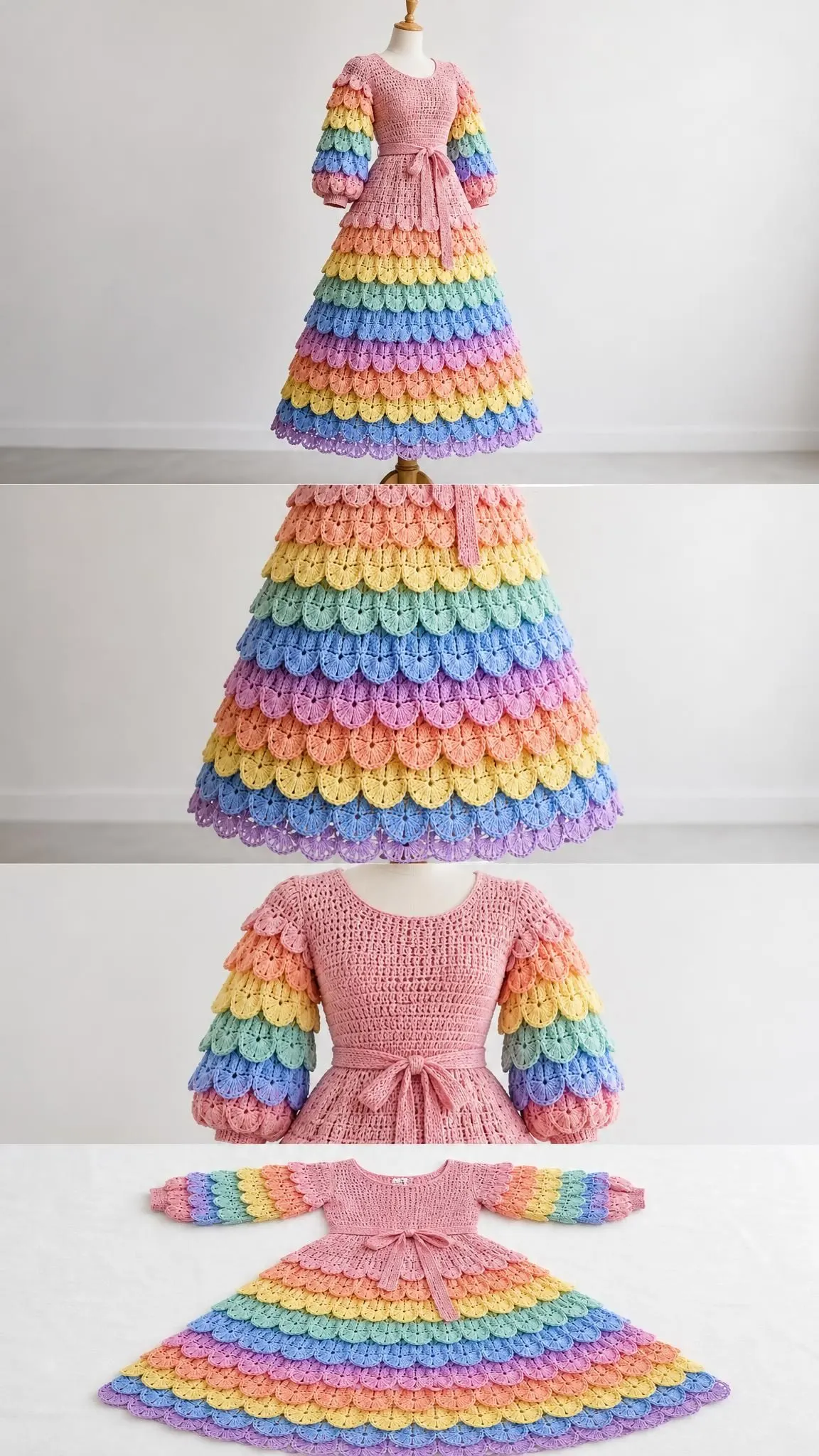 Balloon sleeve detail showing pastel rainbow crochet scales transitioning from pink to purple with fitted pink cuff
