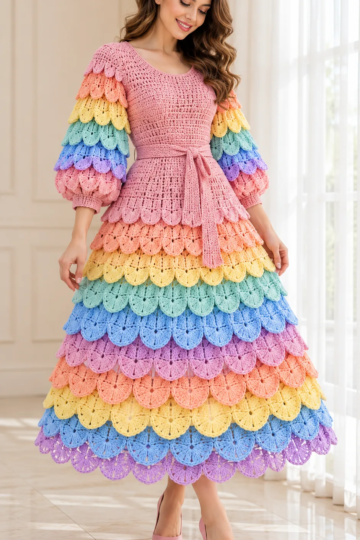 Pastel rainbow crochet midi dress with overlapping crocodile scale texture and fitted blush pink bodice worn by model
