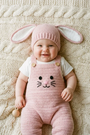 Pastel Pink Bunny Baby Romper Free Crochet Pattern