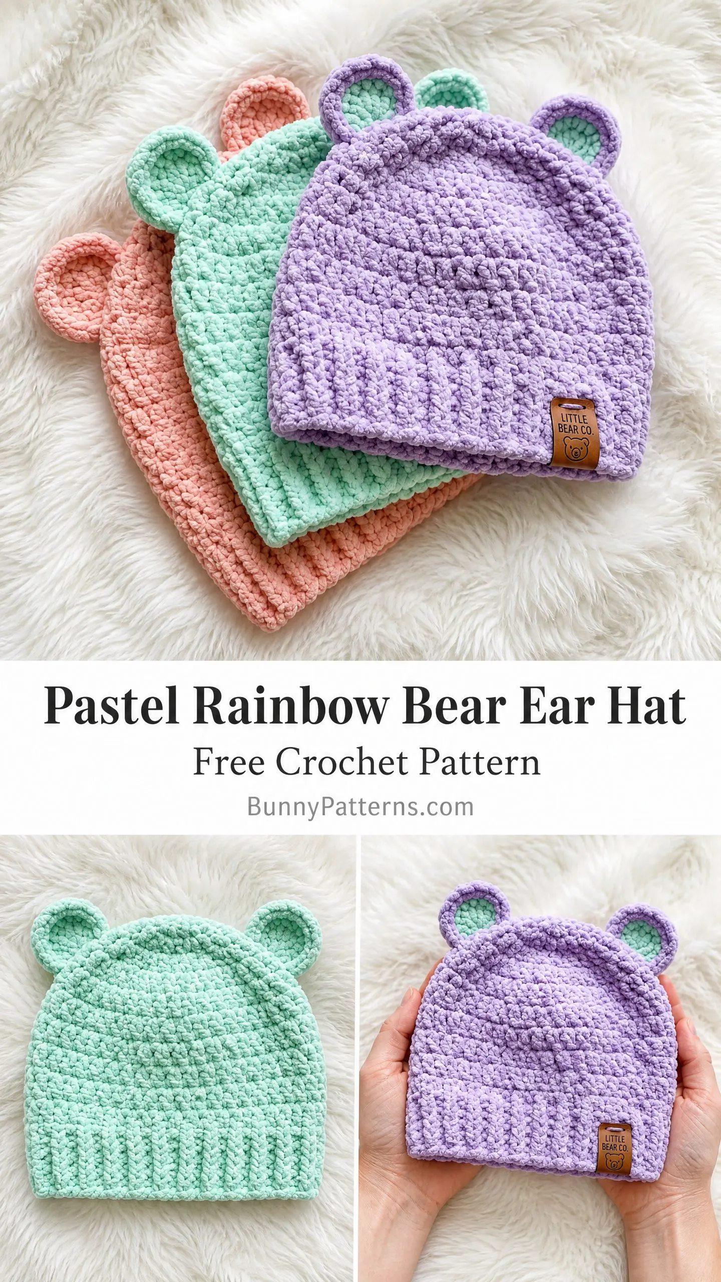 Pastel Rainbow Bear Ear Hat Free Crochet Pattern