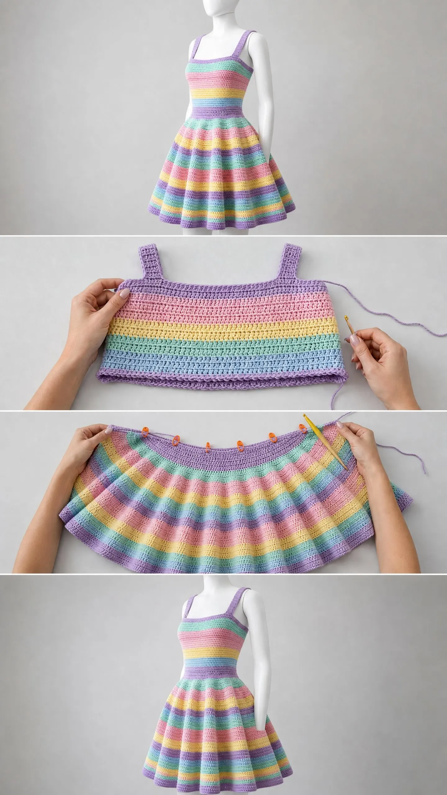Pastel Rainbow Flared Mini Dress Free Crochet Pattern
