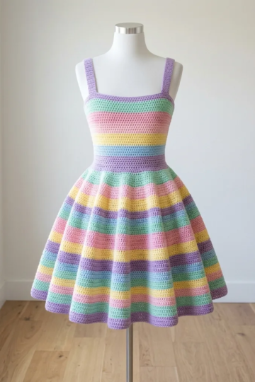 Pastel Rainbow Flared Mini Dress Free Crochet Pattern