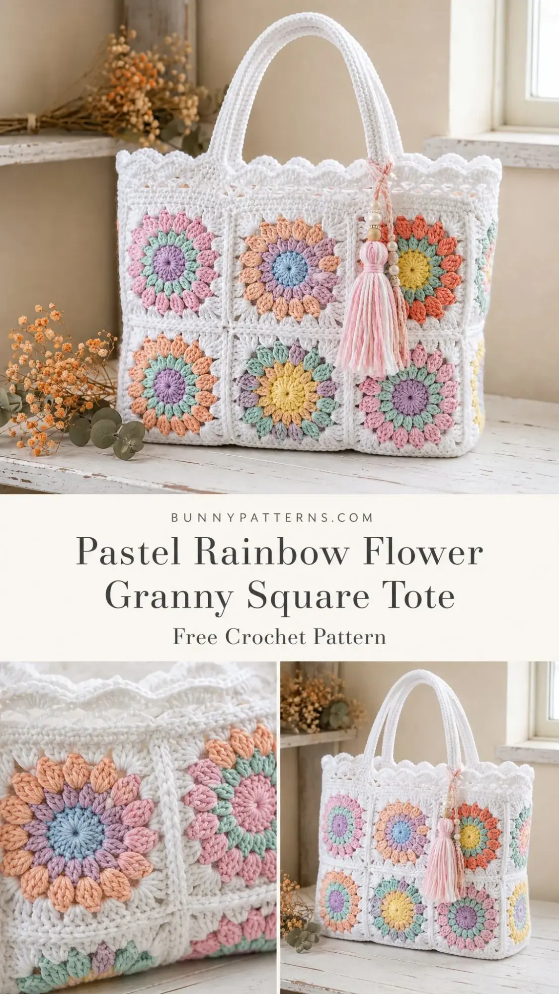 Pastel Rainbow Flower Granny Square Tote Free Crochet Pattern