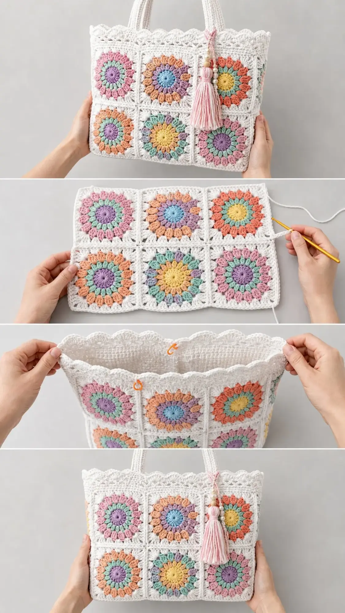 Pastel Rainbow Flower Granny Square Tote Free Crochet Pattern