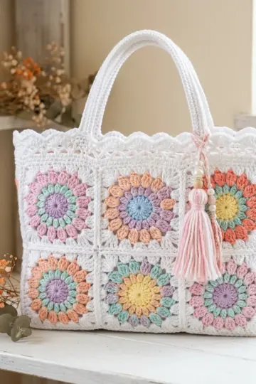 Pastel Rainbow Flower Granny Square Tote Free Crochet Pattern
