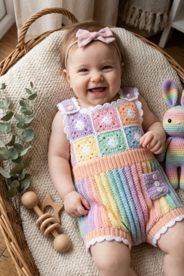 Pastel Rainbow Granny Romper Free Crochet Pattern