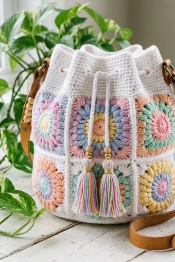 Pastel Rainbow Granny Square Bucket Bag Free Crochet Pattern