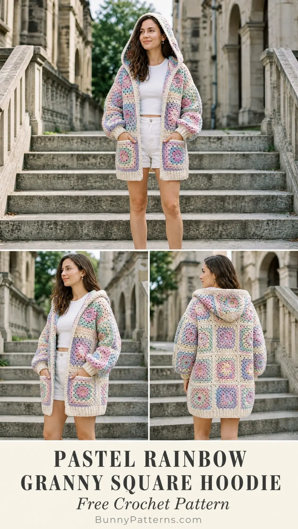 Pastel Rainbow Granny Square Hoodie Free Crochet Pattern