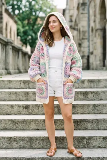 Pastel Rainbow Granny Square Hoodie Free Crochet Pattern