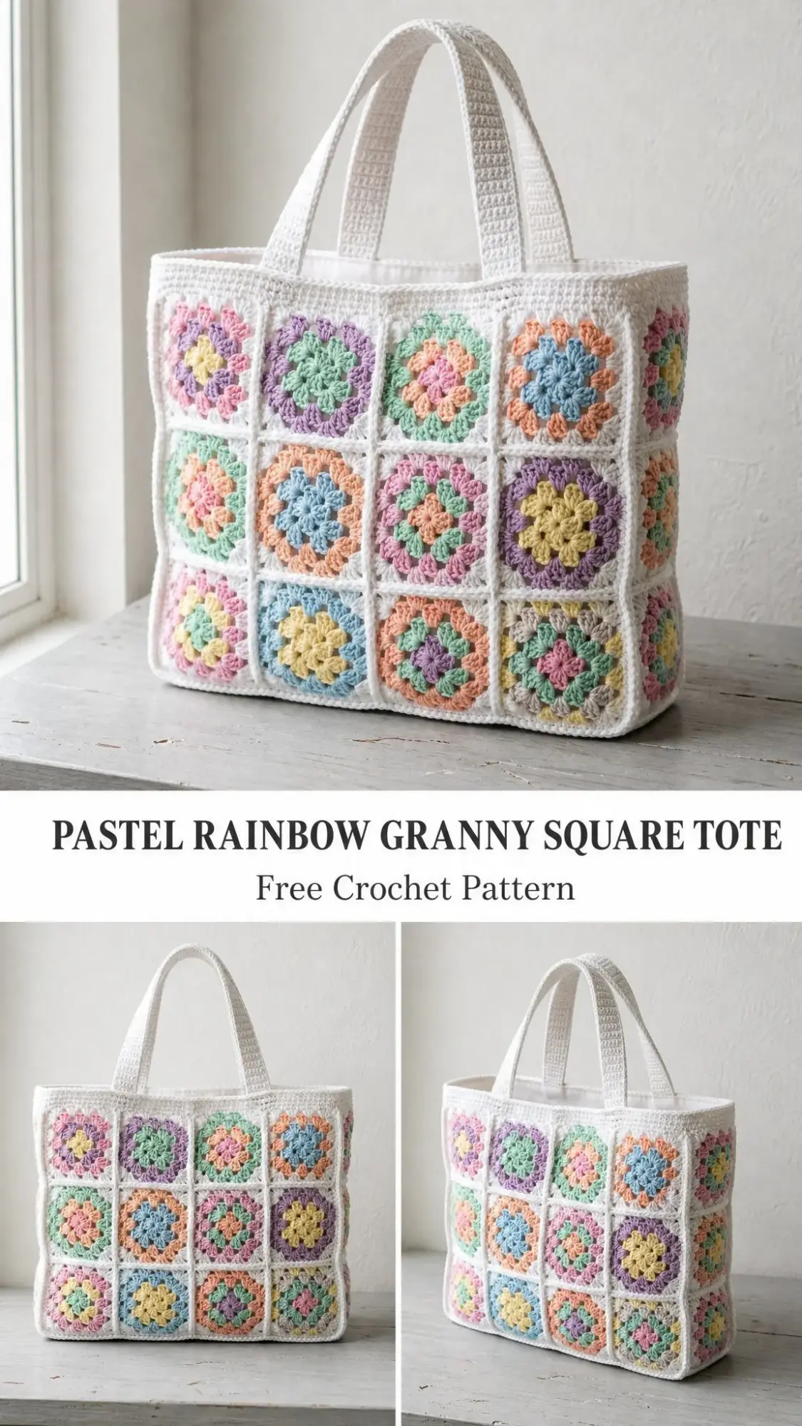 Pastel Rainbow Granny Square Tote Free Crochet Pattern