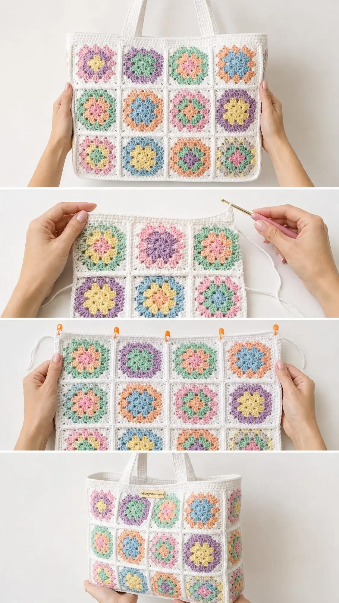 Pastel Rainbow Granny Square Tote Free Crochet Pattern