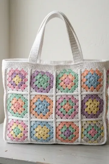 Pastel Rainbow Granny Square Tote Free Crochet Pattern