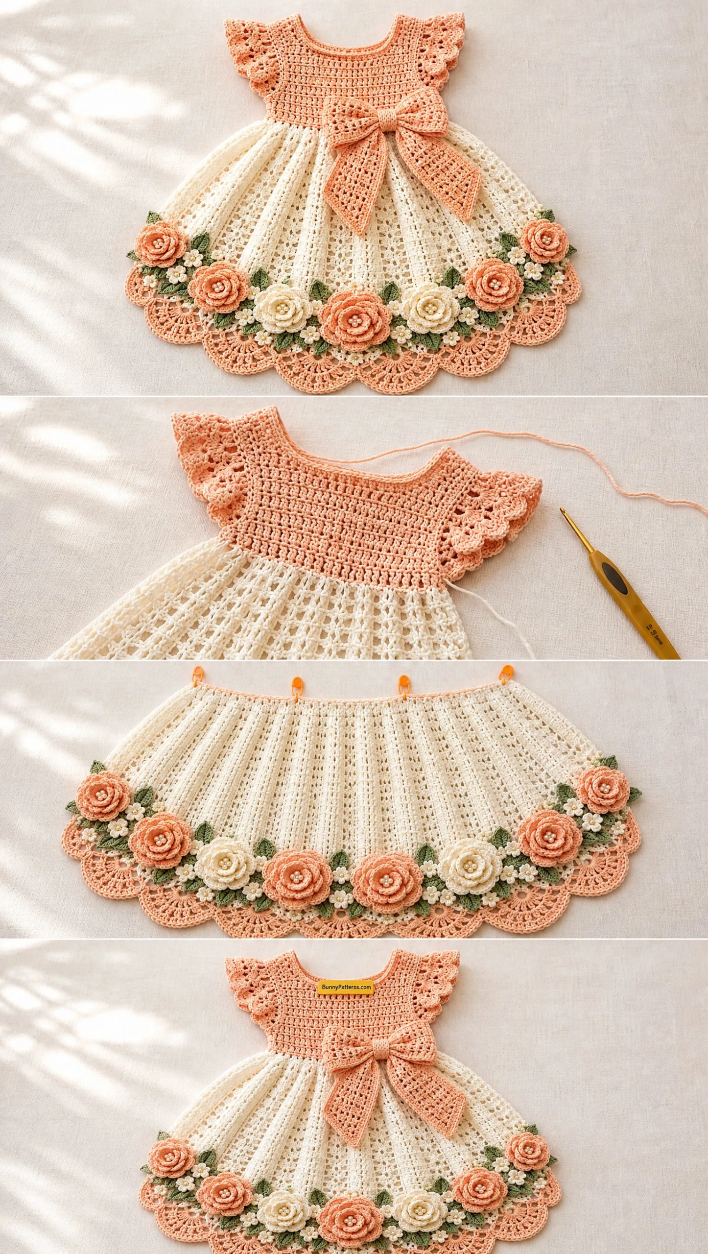Peach Apricot Rose Bow Dress Crochet Pattern