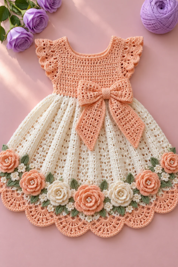 Peach Apricot Rose Bow Dress Crochet Pattern