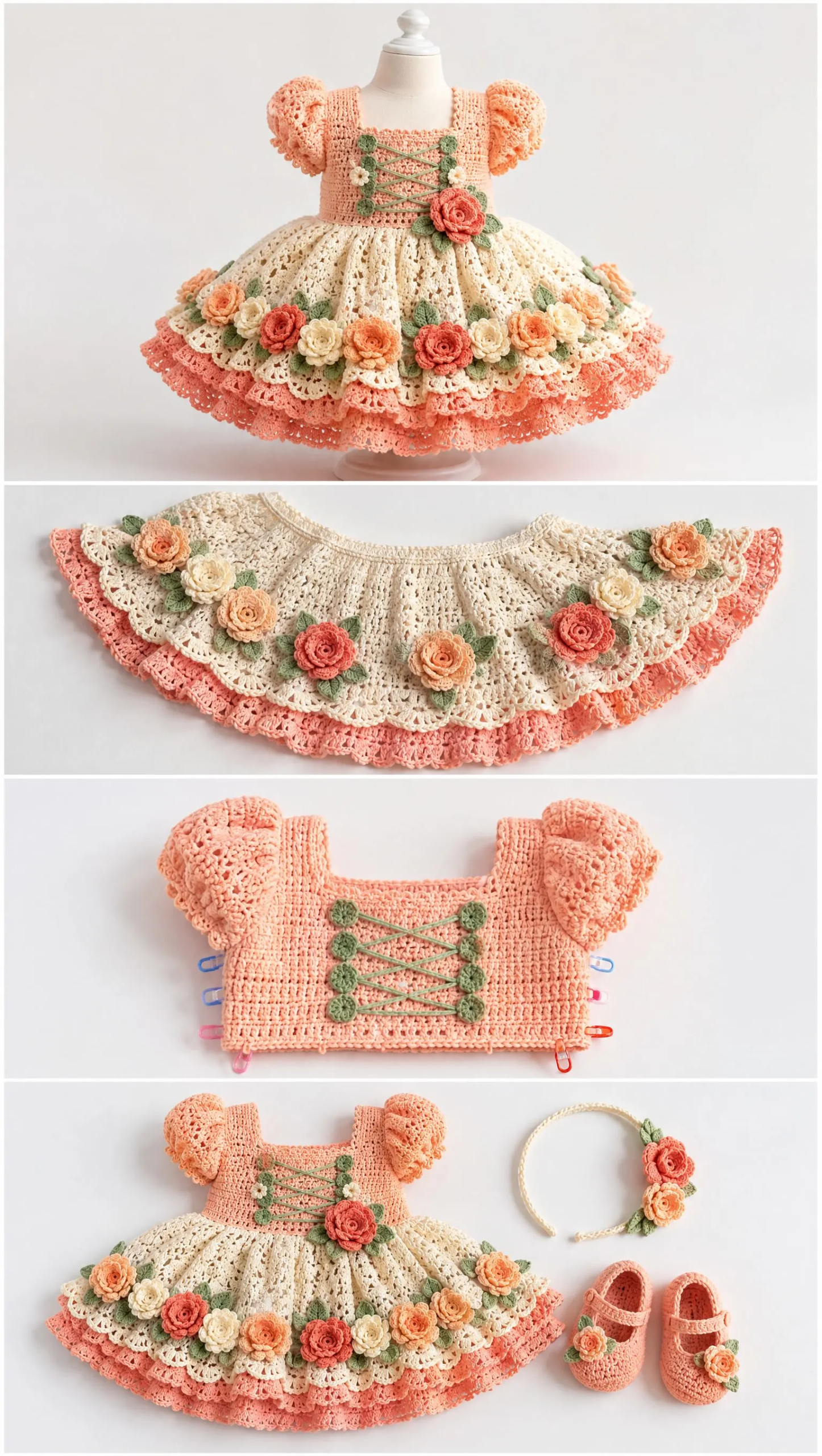 Peach Rose Baby Dress Set Crochet Pattern