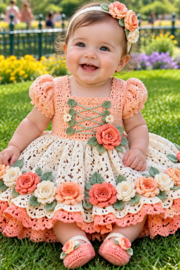 Peach Rose Baby Dress Set Crochet Pattern