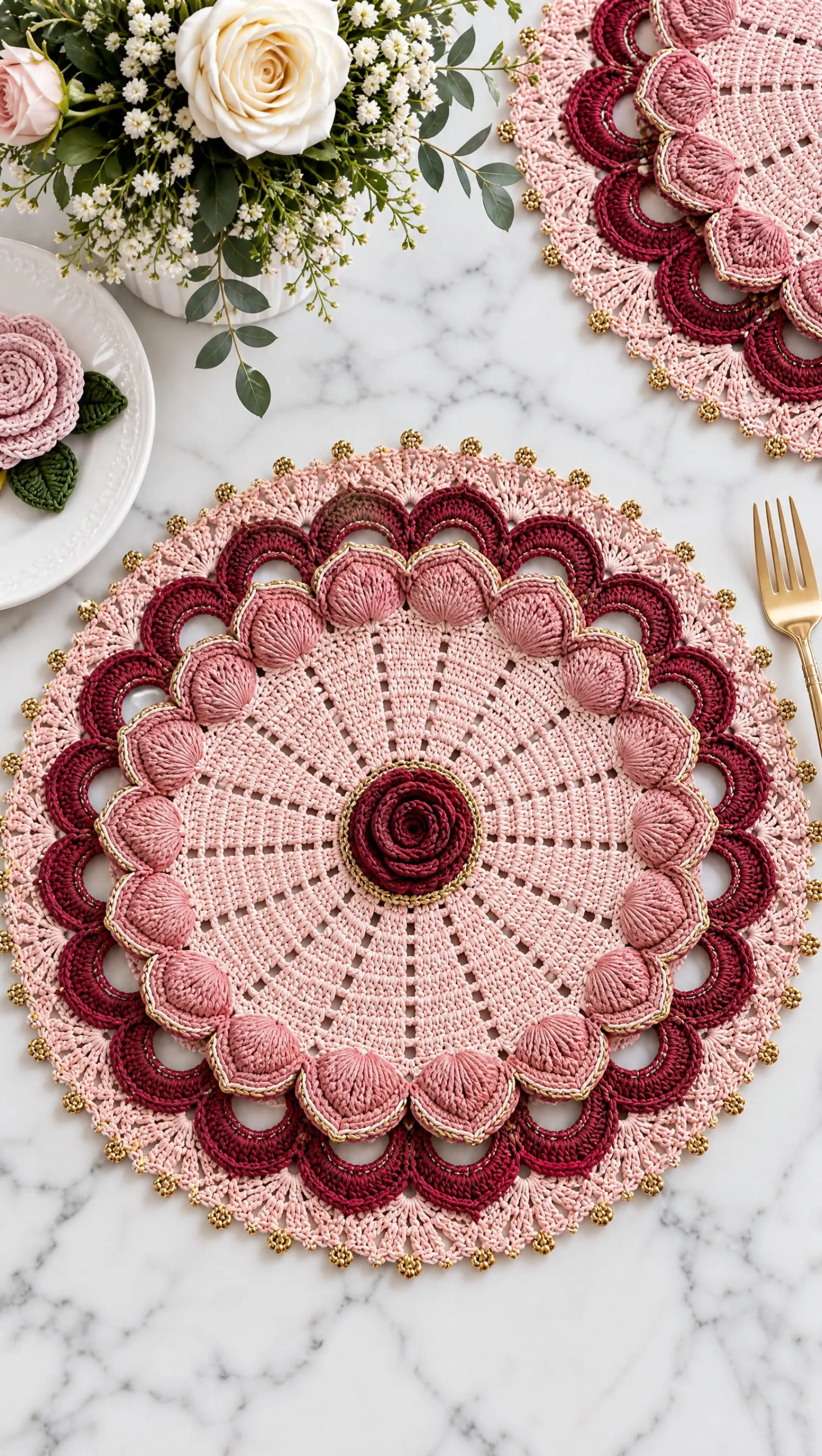 Peony Pink Lace Placemat Crochet Pattern