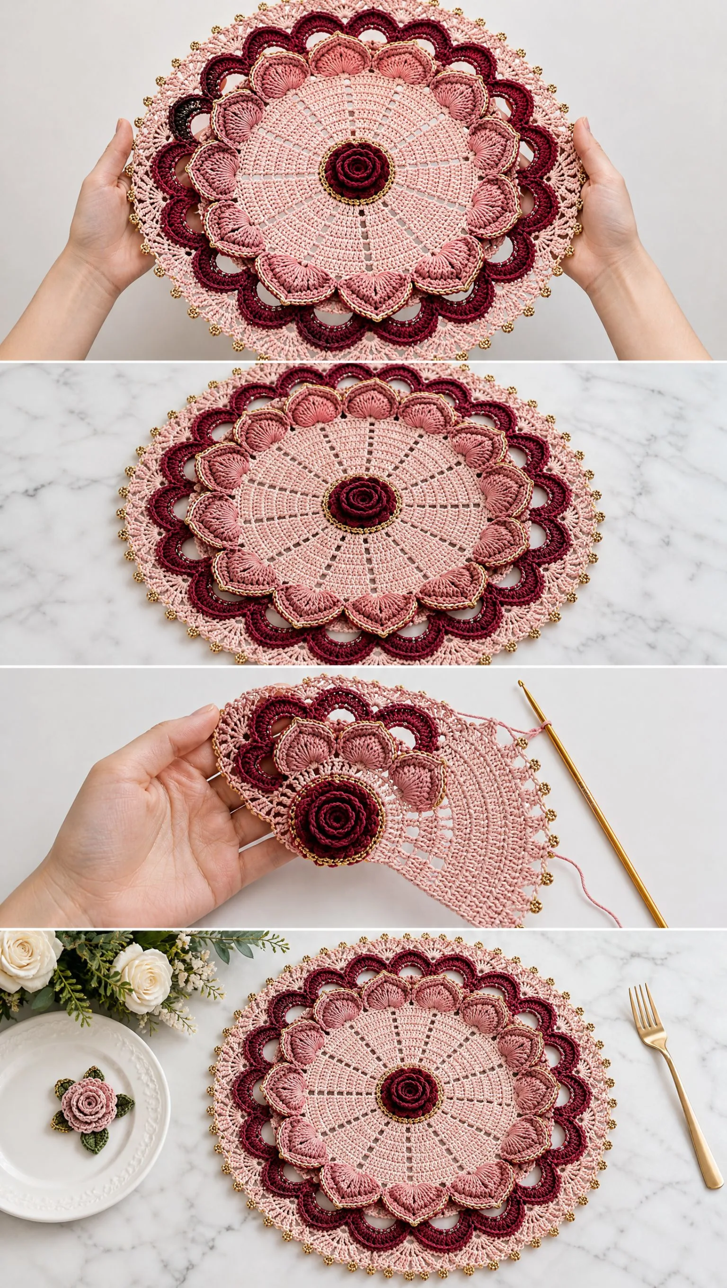 Peony Pink Lace Placemat Crochet Pattern
