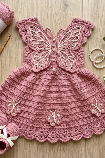 Pink Rose Butterfly Baby Dress Free Crochet Pattern