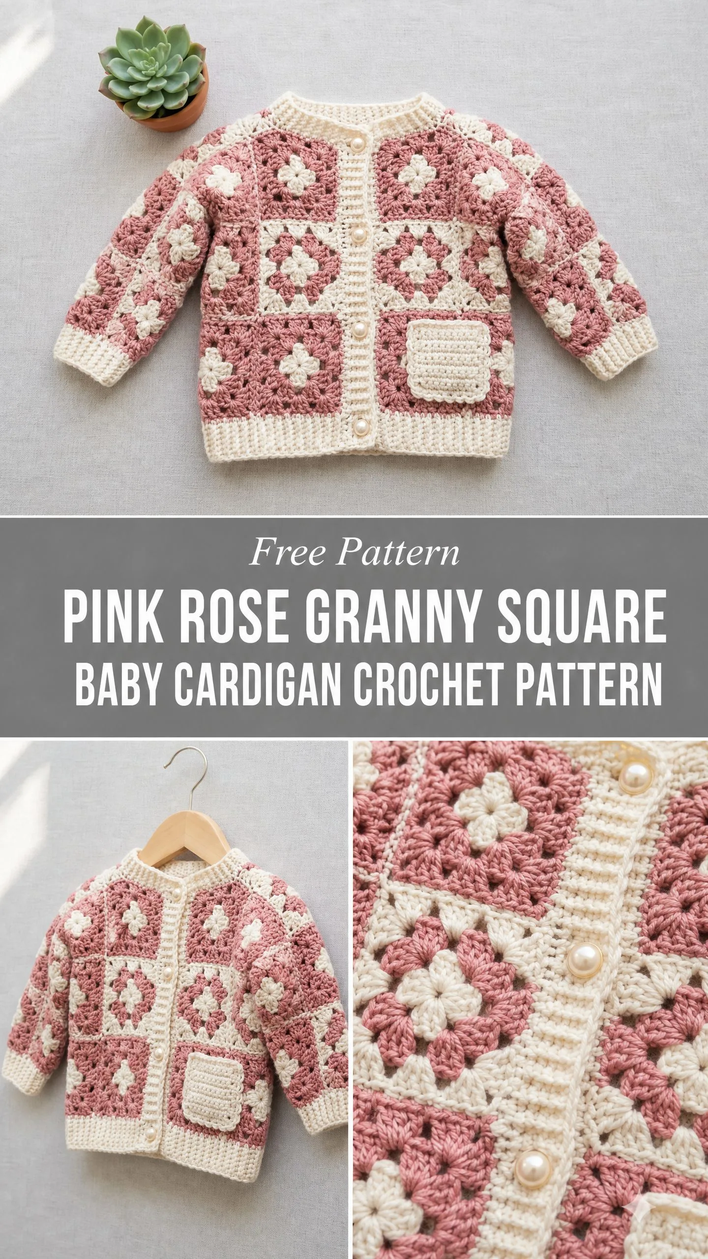 Pink Rose Granny Square Baby Cardigan Free Crochet Pattern