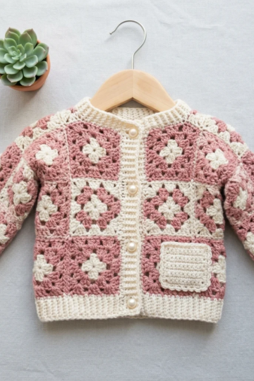 Pink Rose Granny Square Baby Cardigan Free Crochet Pattern