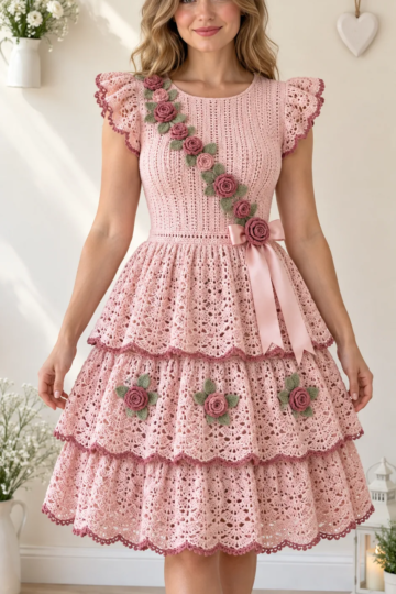 Pink Rose Tiered Dress Crochet Pattern