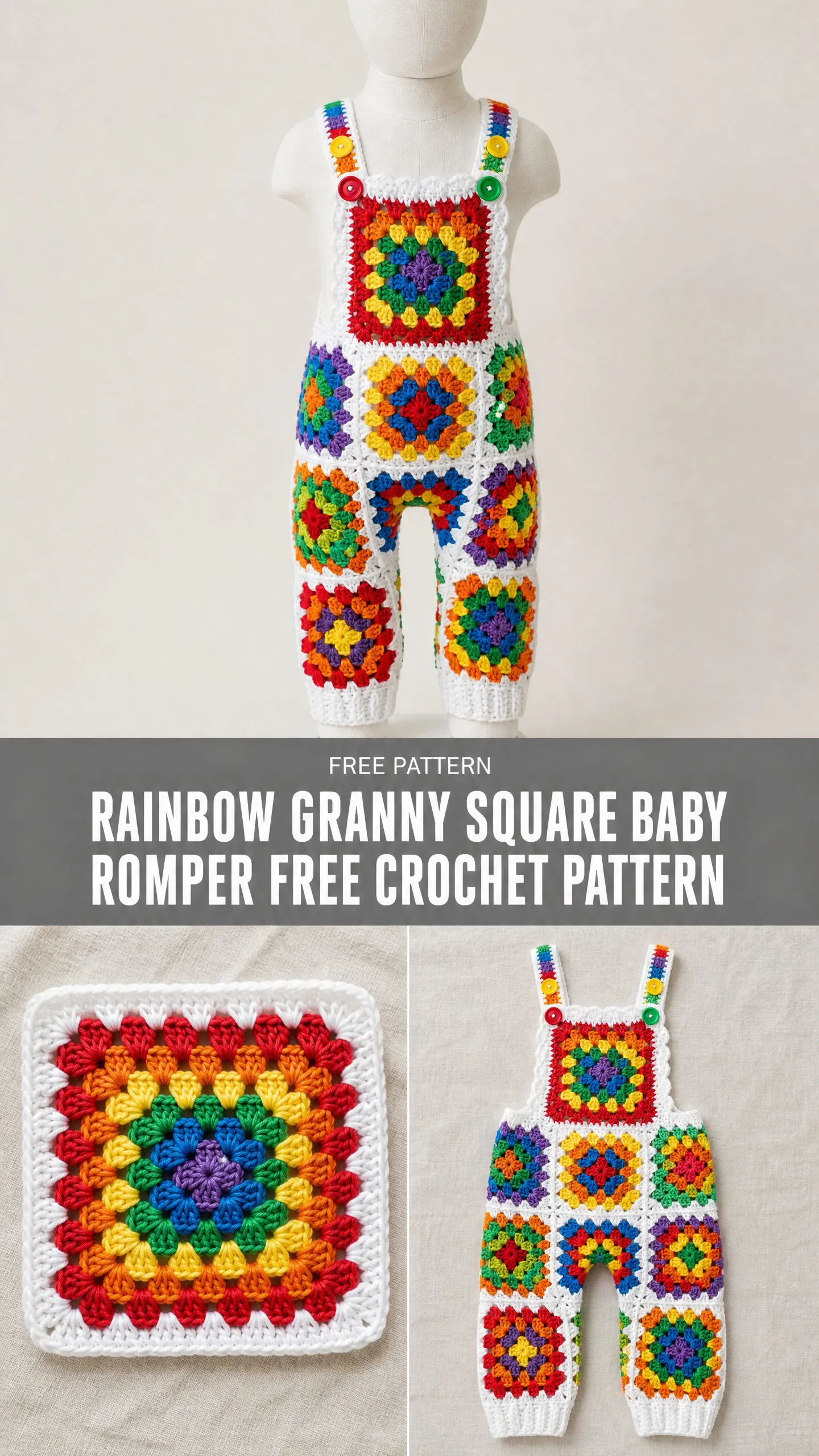 Rainbow Granny Square Baby Romper Free Crochet Pattern
