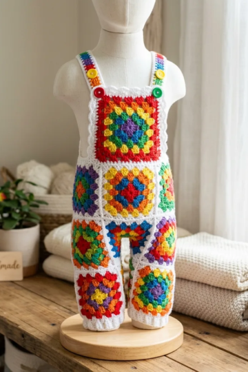 Rainbow Granny Square Baby Romper Free Crochet Pattern