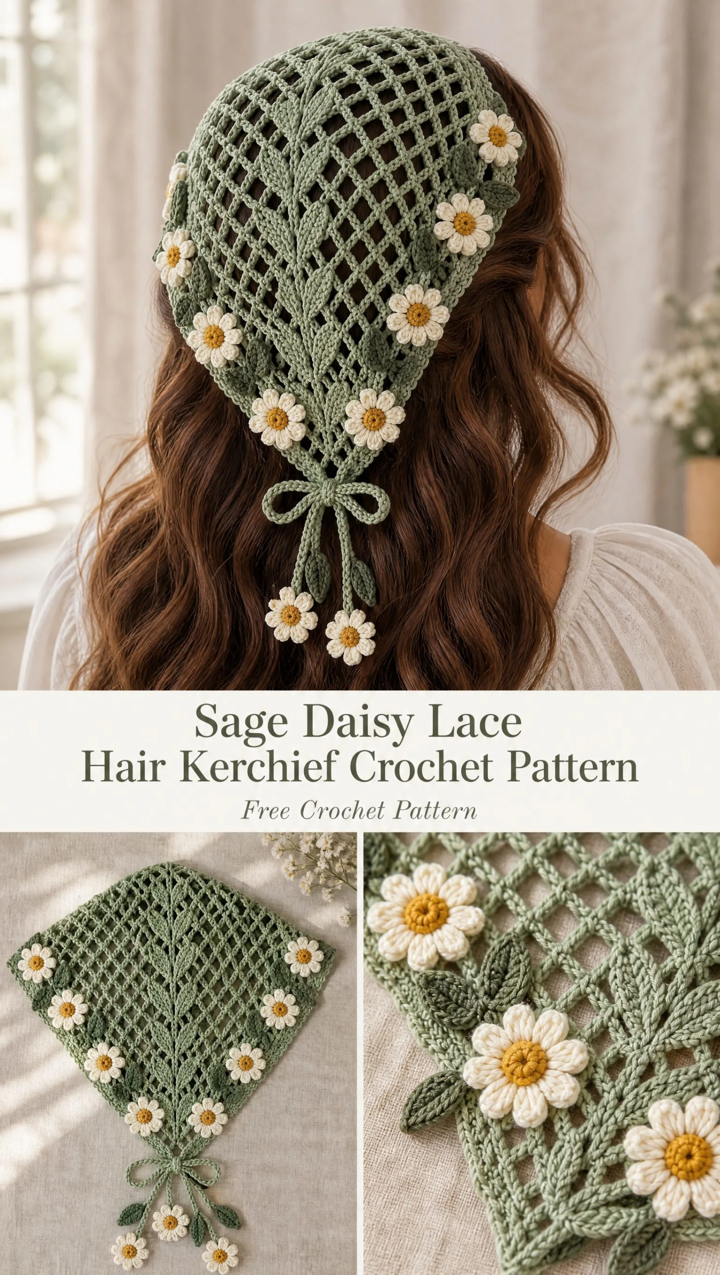 Sage Daisy Lace Hair Kerchief Crochet Pattern