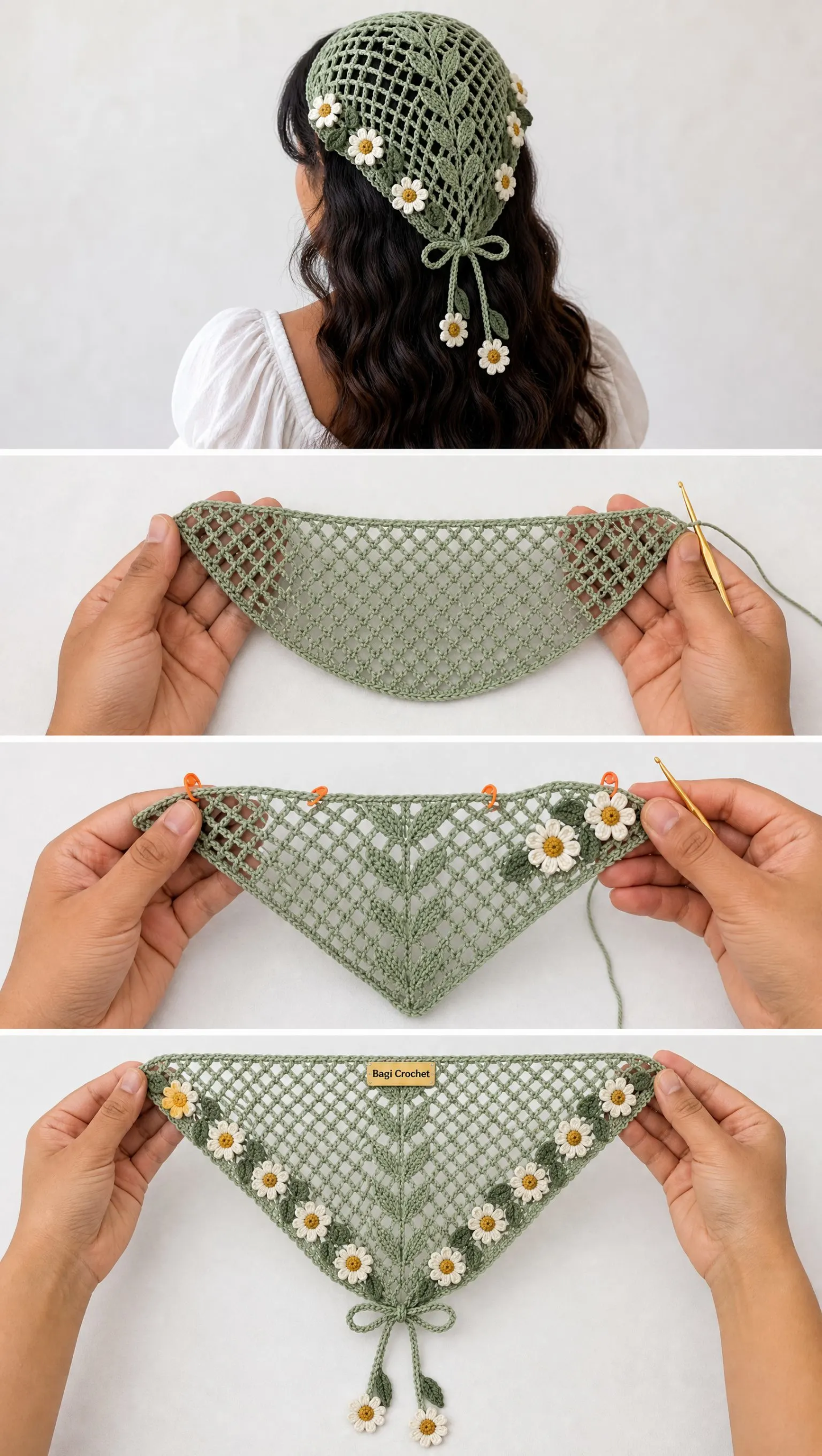 Sage Daisy Lace Hair Kerchief Crochet Pattern