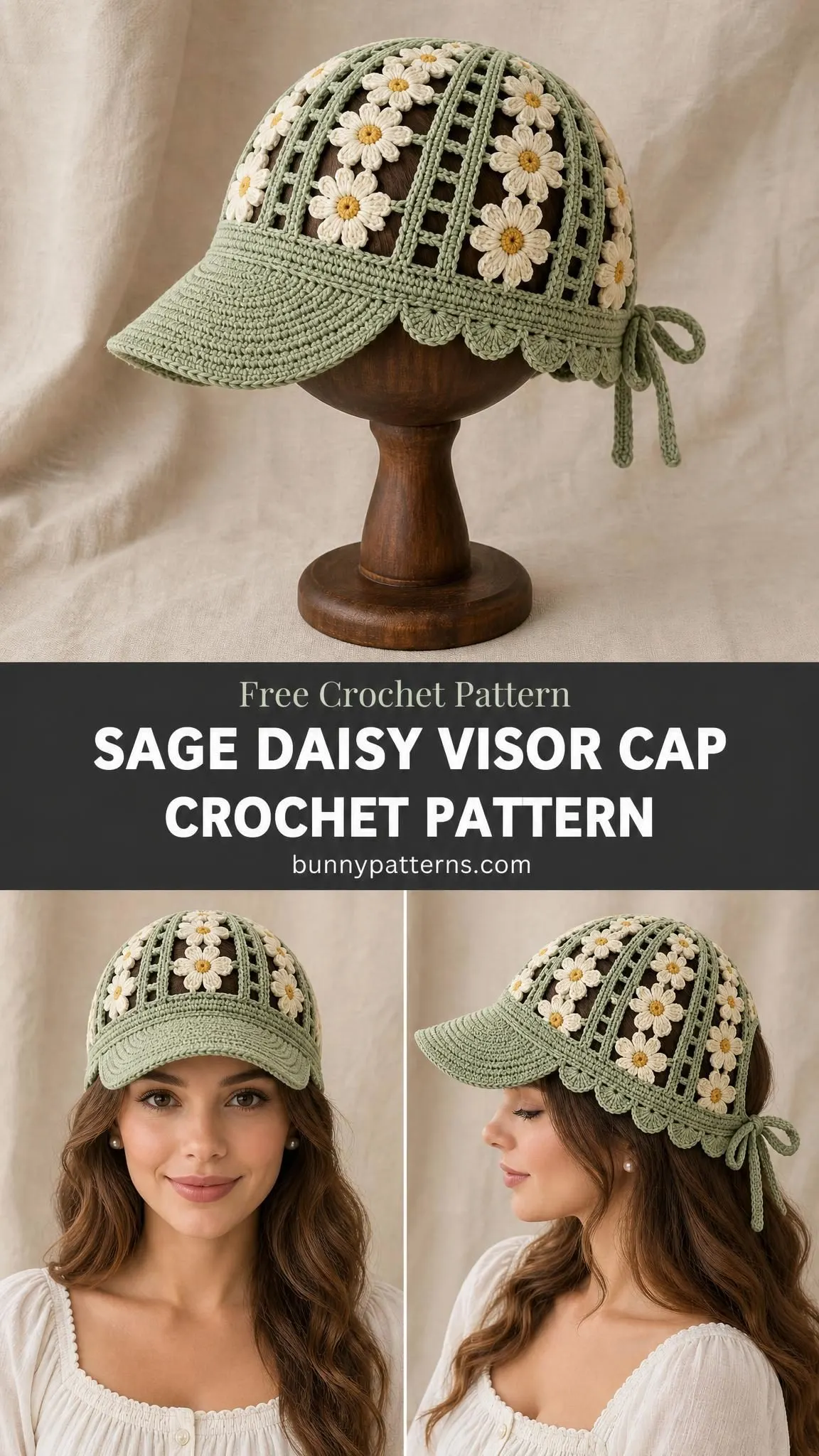 Handmade daisy visor cap in sage cotton yarn featuring open ladder mesh crown and scalloped edging with ribbon ties