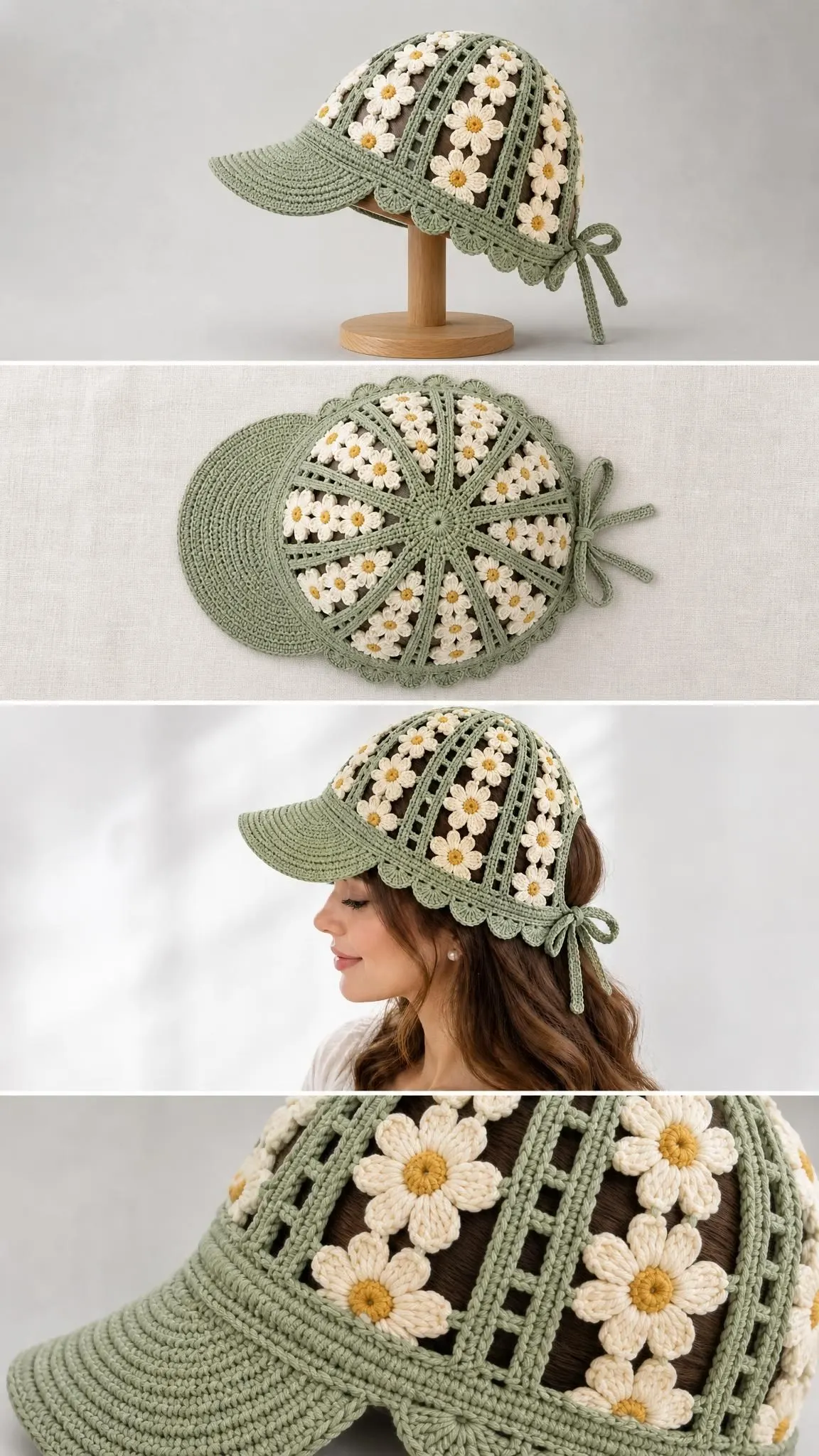 Close-up of crocheted ponytail visor cap showing dense double-layer brim and scattered ivory flower appliqués on mesh background