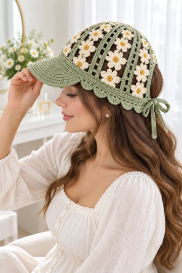 Sage green crochet visor cap with ivory five-petal daisies and butter-yellow centers, worn by woman with brown wavy hair