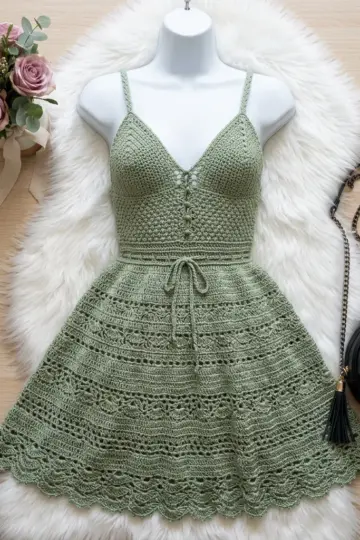 Sage Green Boho Crochet Summer Dress Free Pattern
