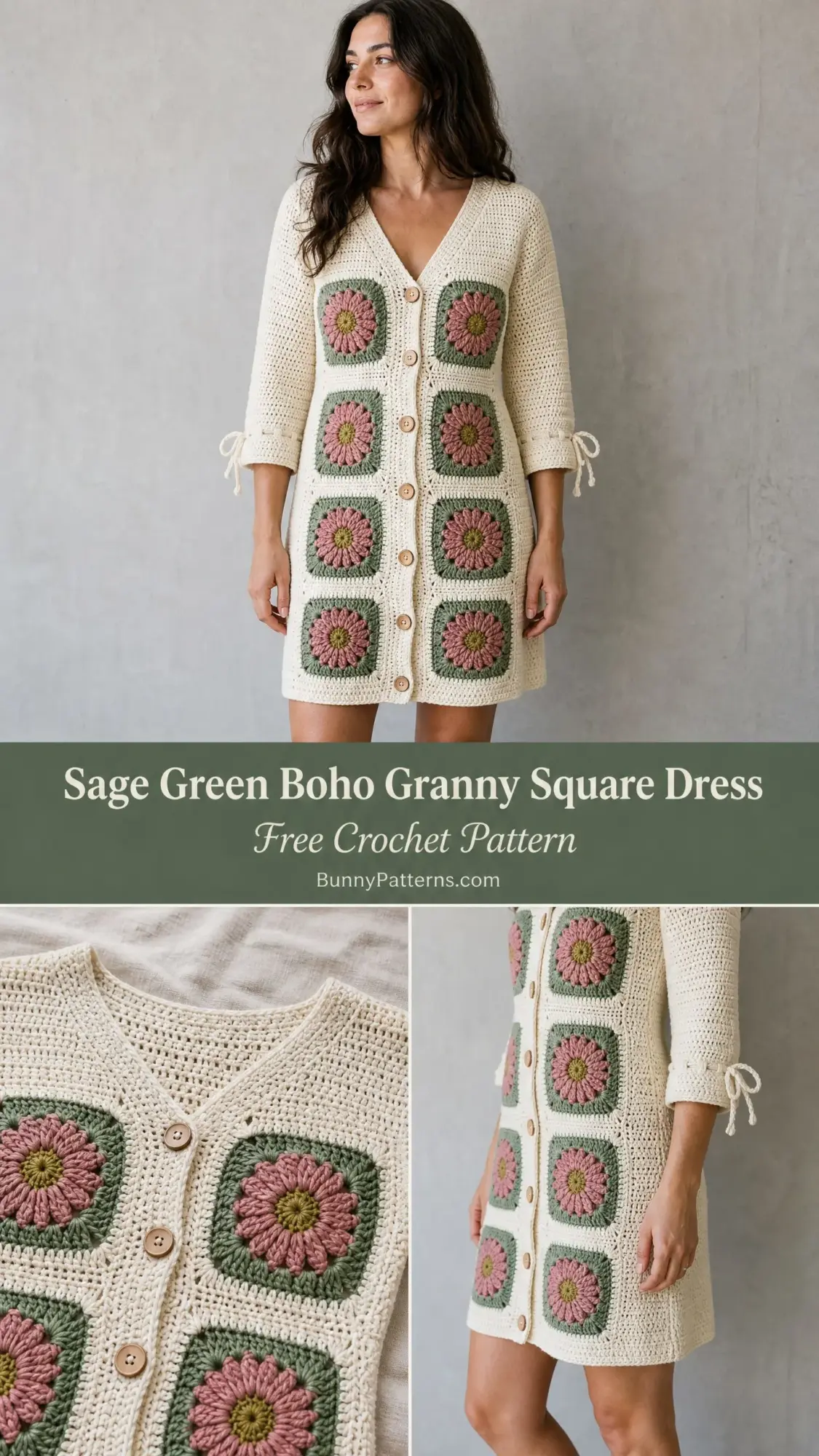 Sage Green Boho Granny Square Dress Free Crochet Pattern