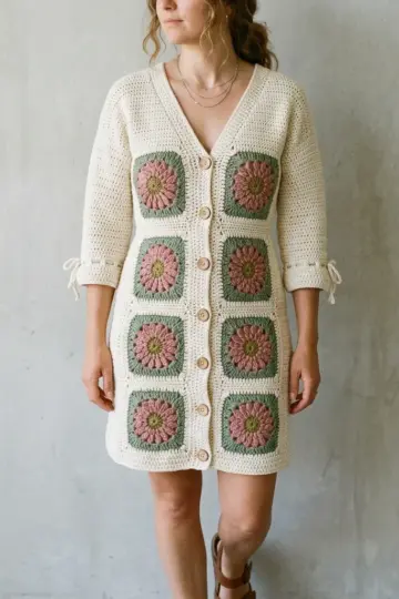 Sage Green Boho Granny Square Dress Free Crochet Pattern