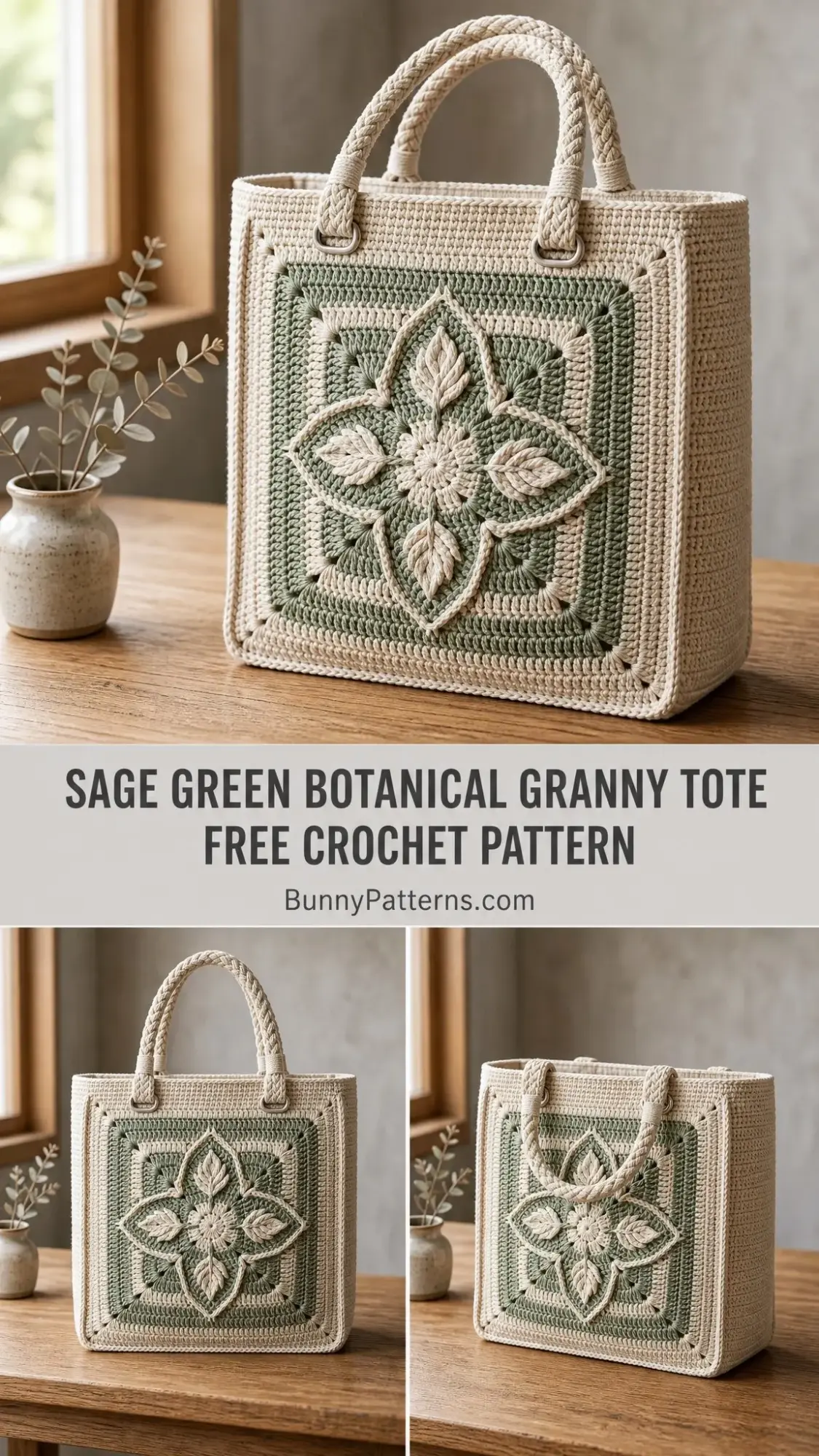 Sage Green Botanical Granny Tote Free Crochet Pattern