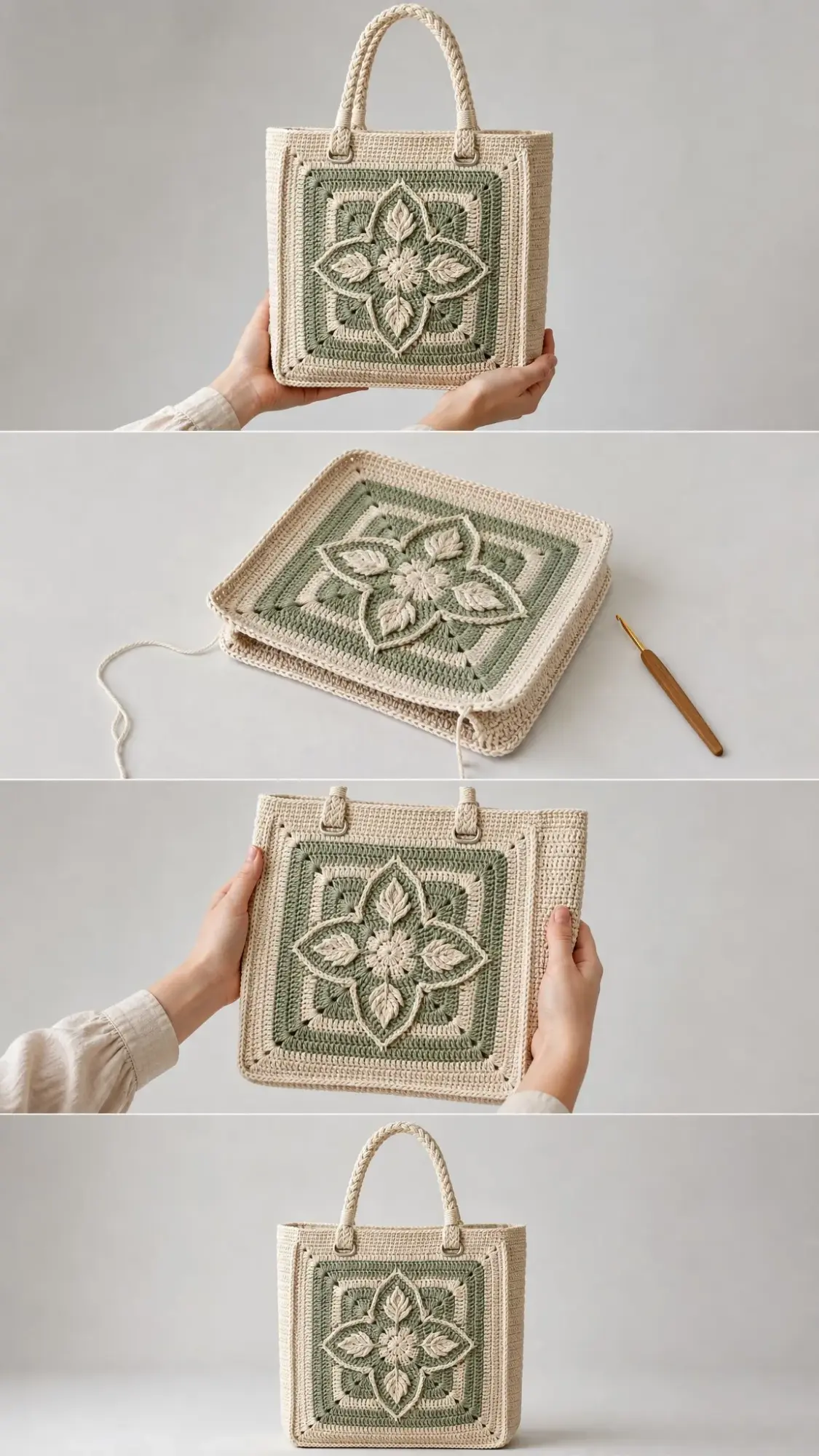 Sage Green Botanical Granny Tote Free Crochet Pattern