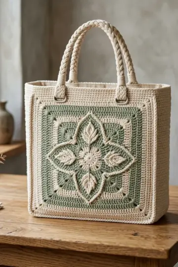 Sage Green Botanical Granny Tote Free Crochet Pattern