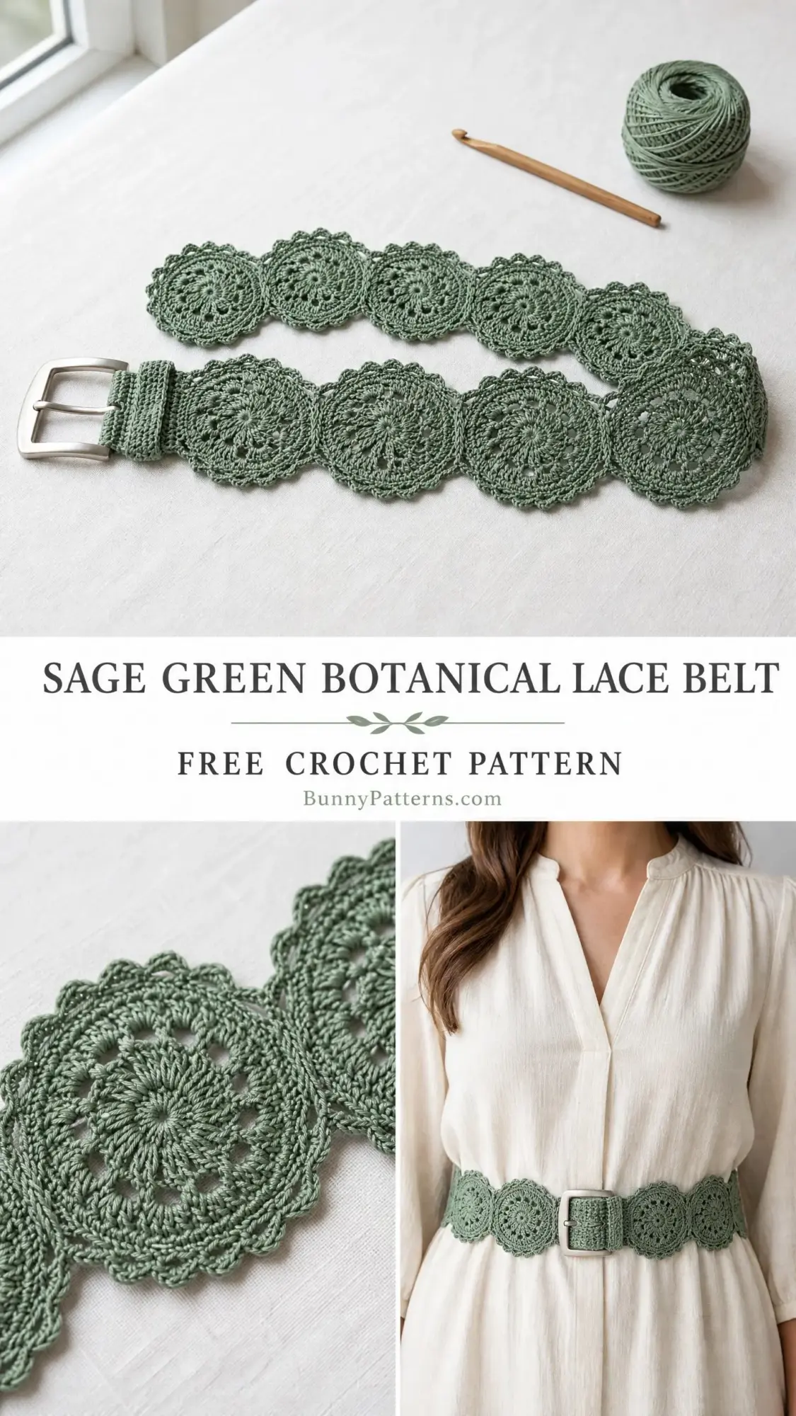 Sage Green Botanical Lace Belt Free Crochet Pattern