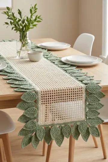 Sage Green Botanical Leaf Table Runner Free Crochet Pattern