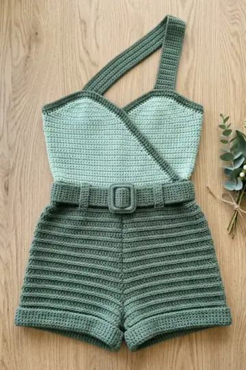 Sage Green Crochet Romper Free Pattern