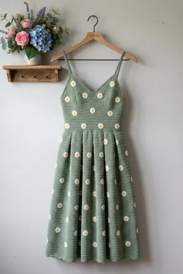 Sage Green Daisy Crochet Dress Free Crochet Pattern