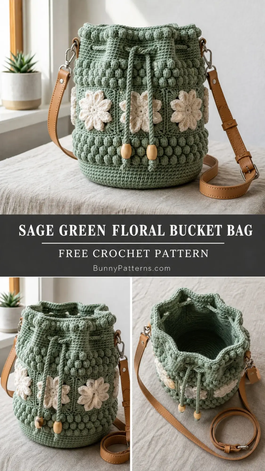 Sage Green Floral Bucket Bag Free Crochet Pattern