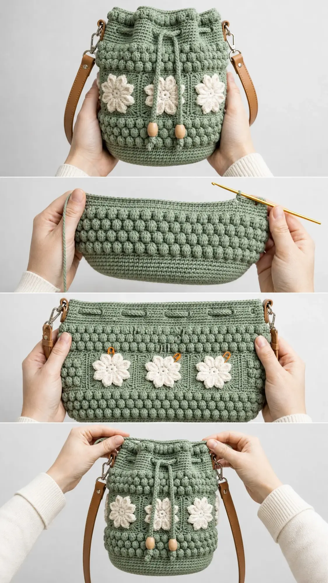 Sage Green Floral Bucket Bag Free Crochet Pattern