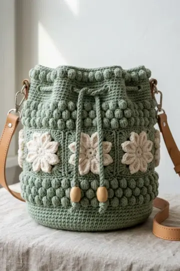 Sage Green Floral Bucket Bag Free Crochet Pattern