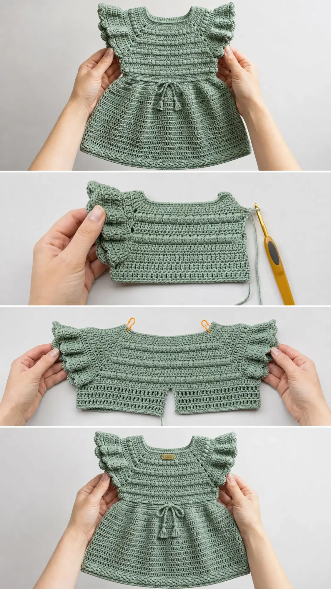 Sage Green Flutter Sleeve Baby Dress Free Crochet Pattern