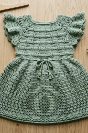 Sage Green Flutter Sleeve Baby Dress Free Crochet Pattern