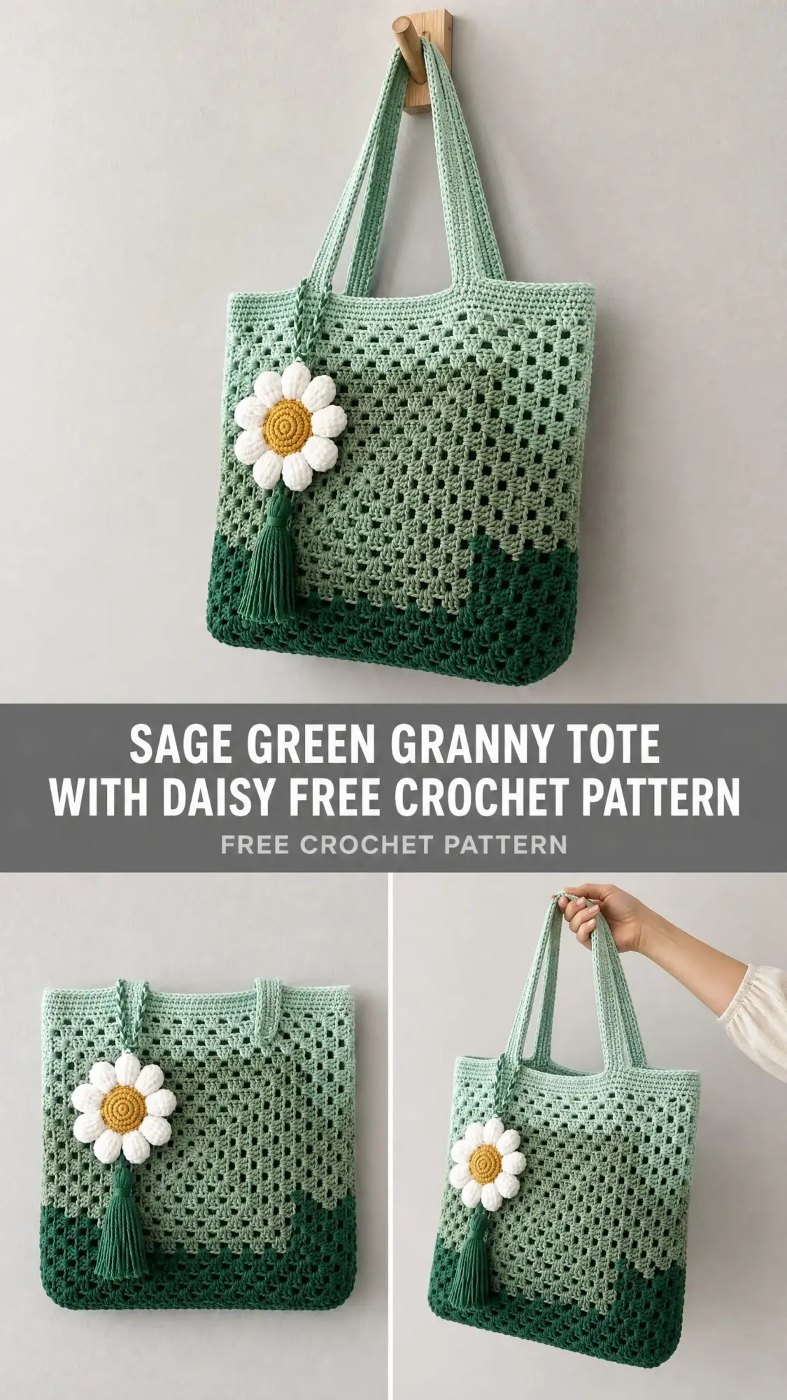 Sage Green Granny Tote with Daisy Free Crochet Pattern