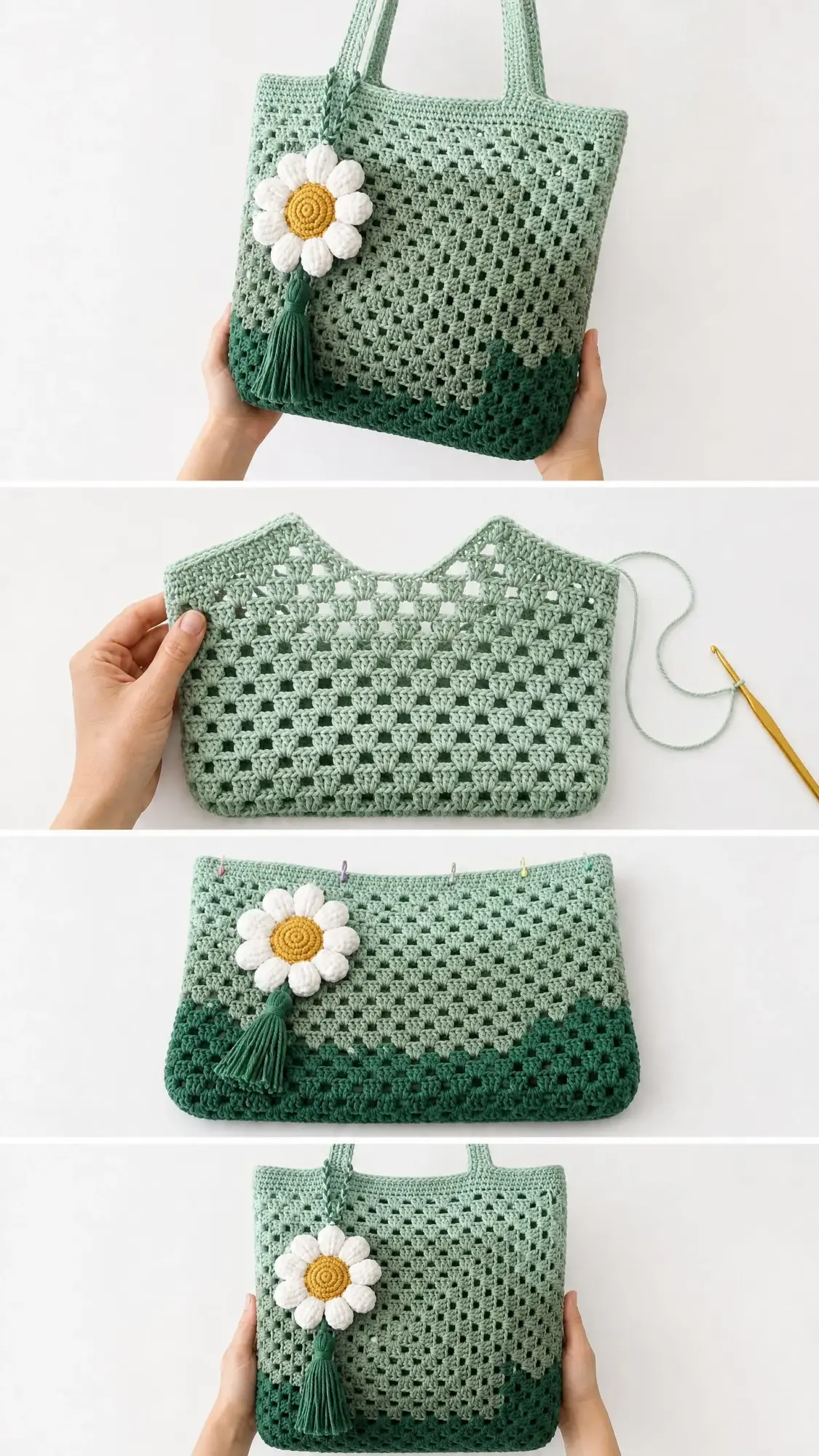 Sage Green Granny Tote with Daisy Free Crochet Pattern